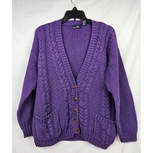 Hunters Run Vintage Purple Cable Knit Cardigan Ramie Cotton Lg Grandmacore